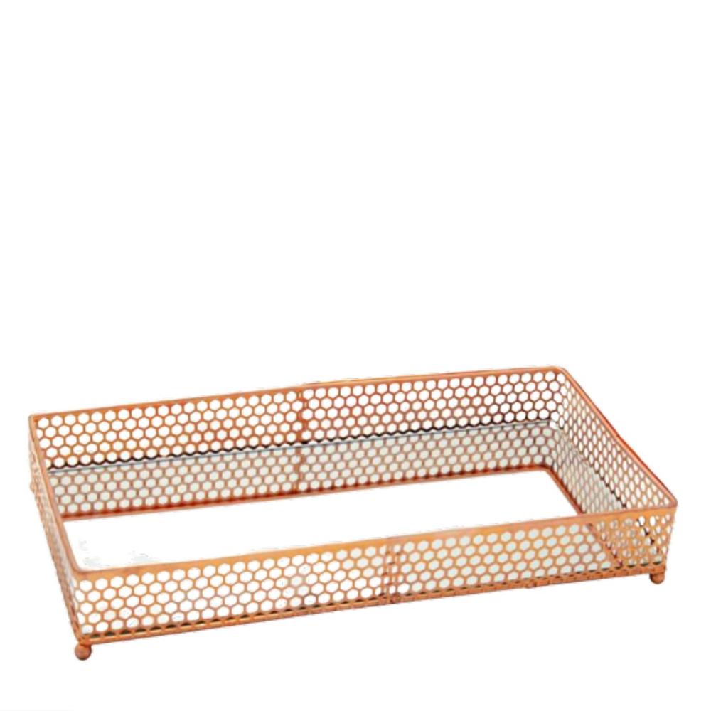 Loja Casa Canto - Bandeja de Metal e Cristais - Bandeja Metal Cobre com Espelho 34x18x6cm Casaambiente