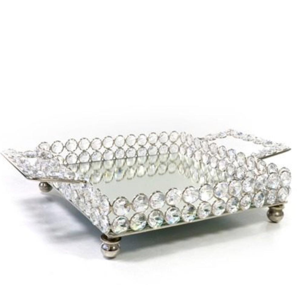 Loja Casa Canto - Bandeja de Metal e Cristais - Bandeja Cristal Transparente Espelho alça Wolff