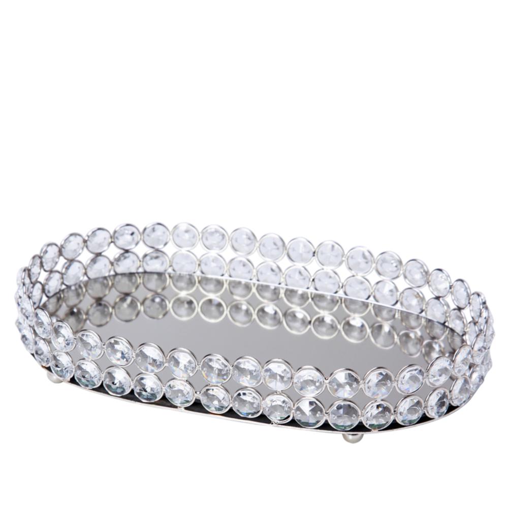 Loja Casa Canto - Bandeja de Metal e Cristais - Bandeja Oval Metal Cristais Transparentes 26x16x5cm Montarte