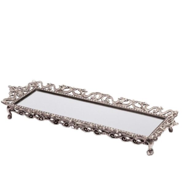 Loja Casa Canto - Bandeja de Metal e Cristais - Bandeja Retangular Zamac com Cristais Espelho 42x22cm Wolff