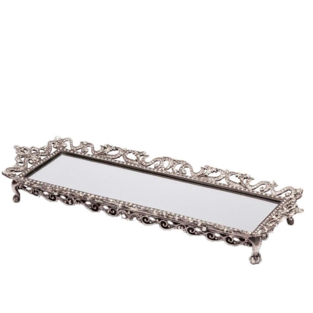Loja Casa Canto - Bandeja de Metal e Cristais - Bandeja Retangular Zamac com Cristais Espelho 42x22cm Wolff
