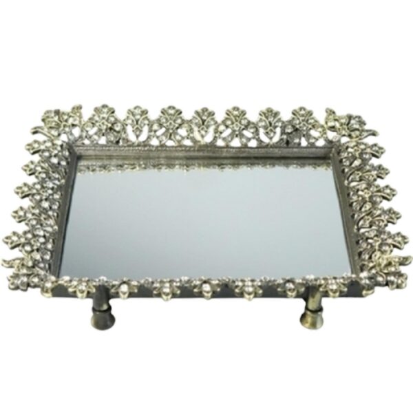 Loja Casa Canto - Bandeja de Metal e Cristais - Bandeja Zamac Dourada com Cristais Espelho 19x15cm BTC