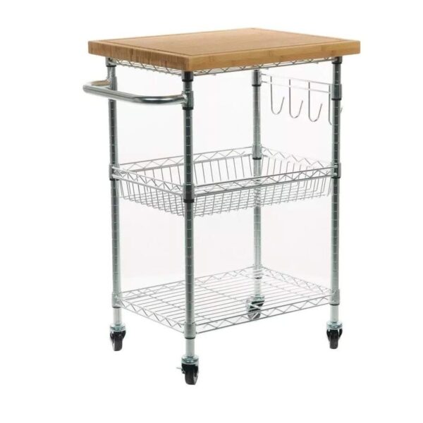Loja Casa Canto - Carrinho do Chef para Churrasco - Mesa do Chef com Tampo Bambo Removível 3 Prateleiras Cromadas