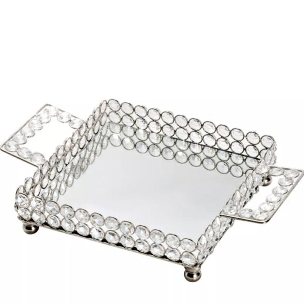 Loja Casa Canto - Bandeja de Metal e Cristais - Bandeja Cristal Transparente Espelho alça Wolff