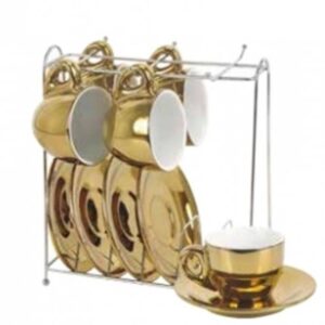 Loja Casa Canto - Xícaras para Café - Jogo Xícaras para café Luminus Dourada 90ml Porcelana com Rack 6un Lyor