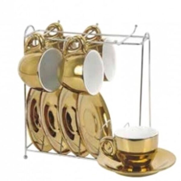 Loja Casa Canto - Xícaras para Café - Jogo Xícaras para café Luminus Dourada 90ml Porcelana com Rack 6un Lyor