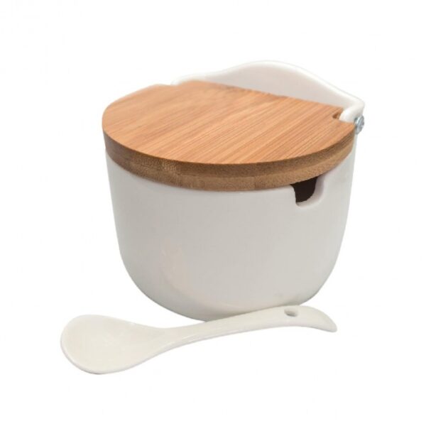 Loja Casa Canto - Saleiros - Saleiro Porcelana com Tampa Madeira Colher 10x9x9cm Bianco