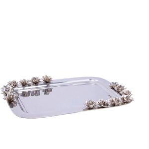 Loja Casa Canto - Bandeja de Metal e Cristais - Bandeja Retangular Inox com Rosas 63x43cm Sarquis Samara