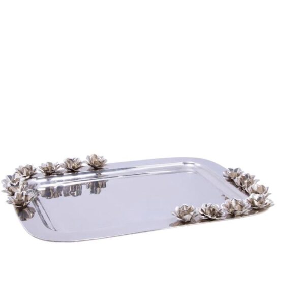 Loja Casa Canto - Bandeja de Metal e Cristais - Bandeja Retangular Inox com Rosas 63x43cm Sarquis Samara