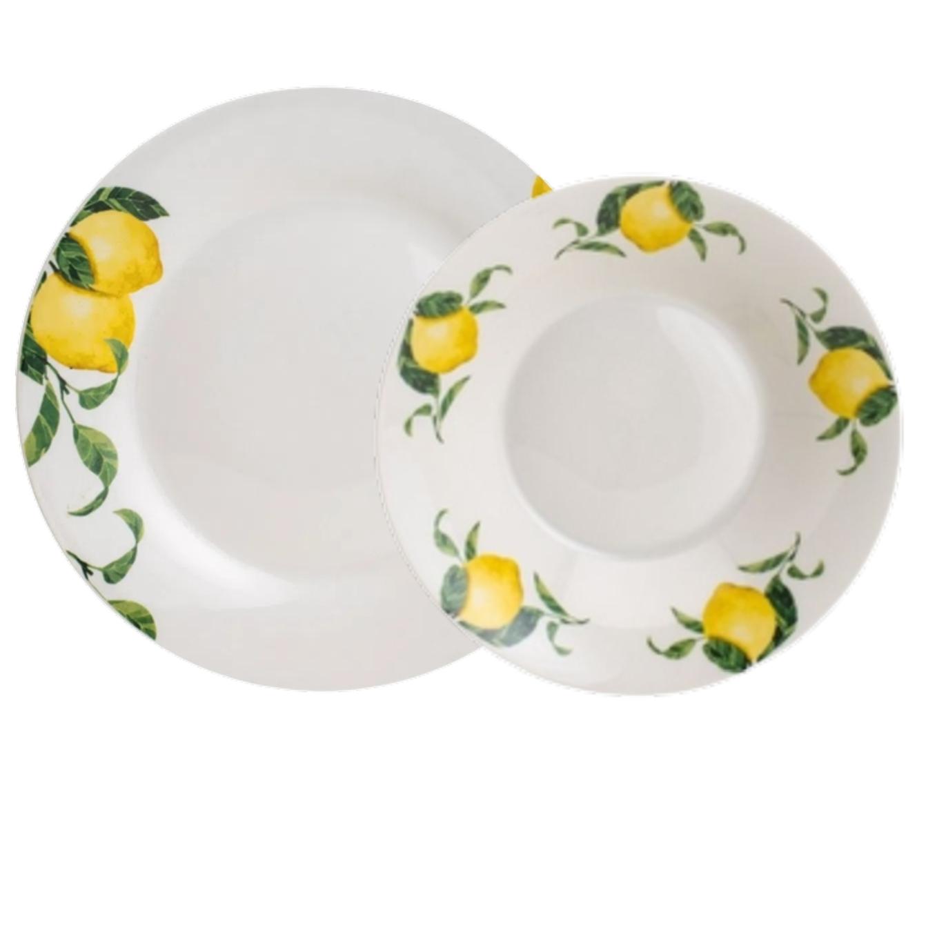 Loja Casa Canto - Pratos Avulsos - Jogo Pratos Rasos Fundos Porcelana Limão Siciliano 12un Lyor