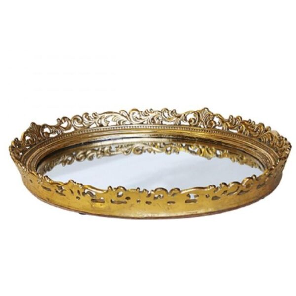 Loja Casa Canto - Bandeja de Metal e Cristais - Bandeja Dourada Redonda Resina 39cm com Espelho MTC