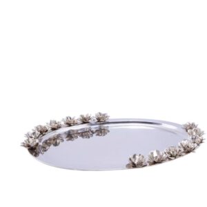 Loja Casa Canto - Bandeja de Metal e Cristais - Bandeja Oval Inox com Rosas 63x48cm Sarquis