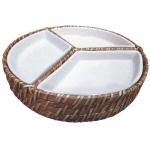 Petisqueira Redonda de Ratan e Porcelana 25x4cm Mundiart