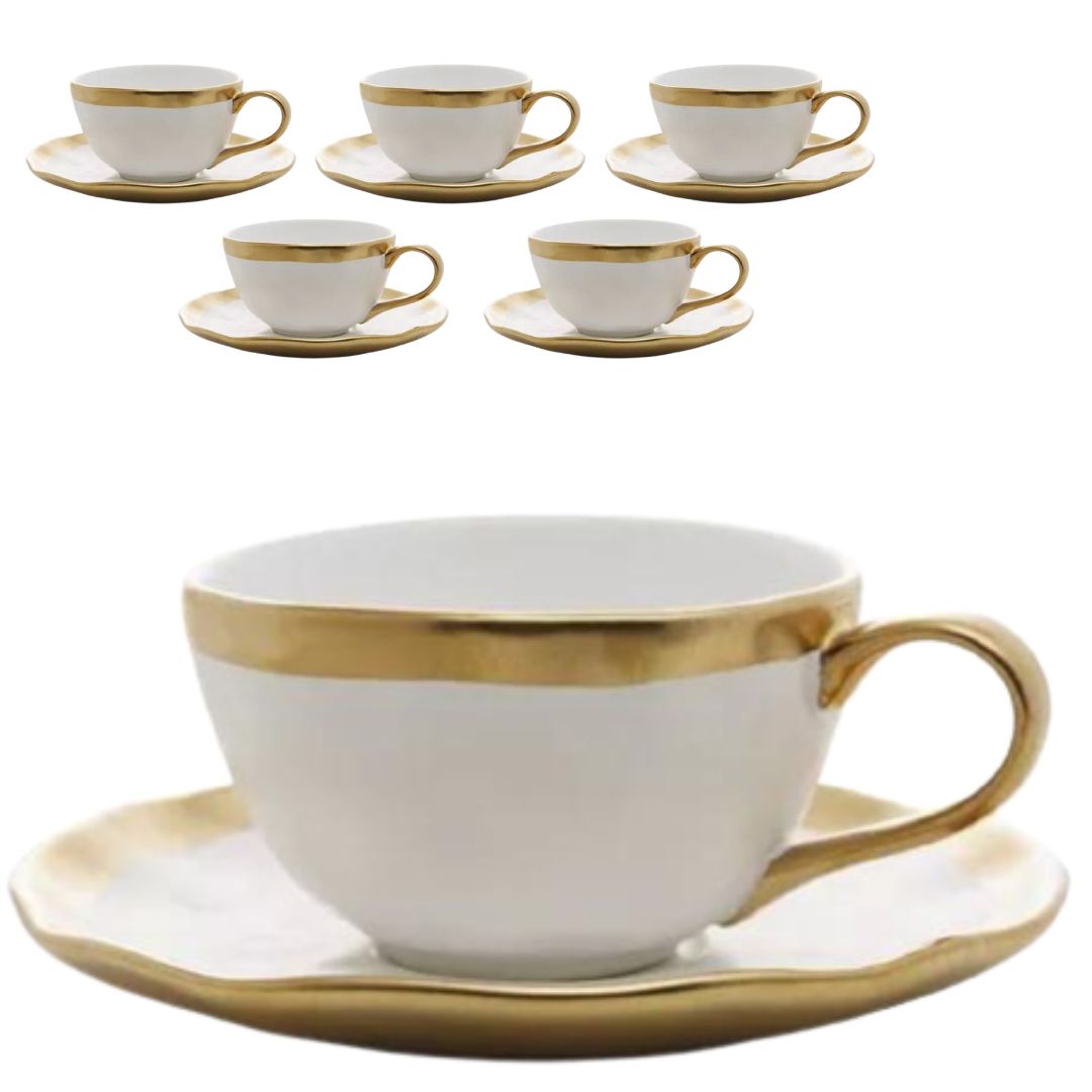 Jogo Xícaras para Chá Dubai 200ml Branco c/ Filete Dourado 6un Porcelana Wolff