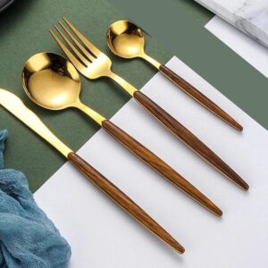 Faqueiro 24pç de Aço Inox Dourado Cabo Estampa Madeira Organic