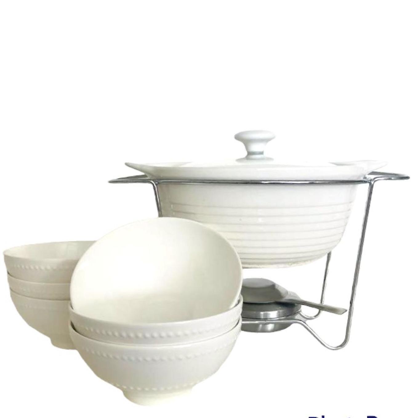 Rechaud Porcelana Redondo com Bowls brancos Porcelana 7pç Dynasty