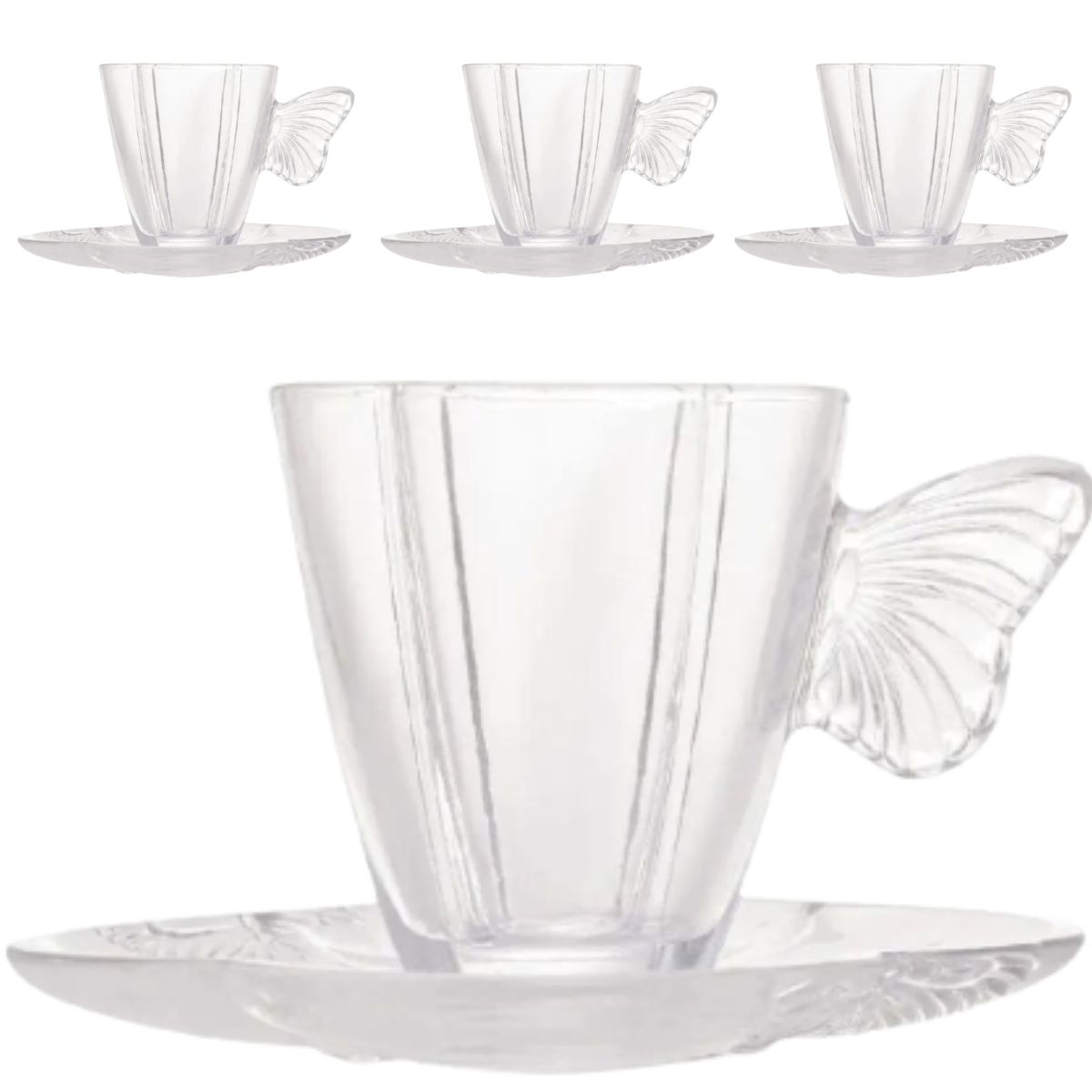 Xícara para Chá de Vidro com Pires Butterfly 180ml 4un Wolff