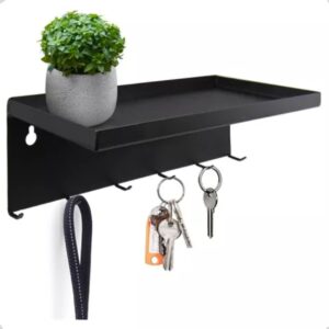 Porta Chaves Prateleira Parede 6un Gancho 22x7.5x6,5cm Metal Preto
