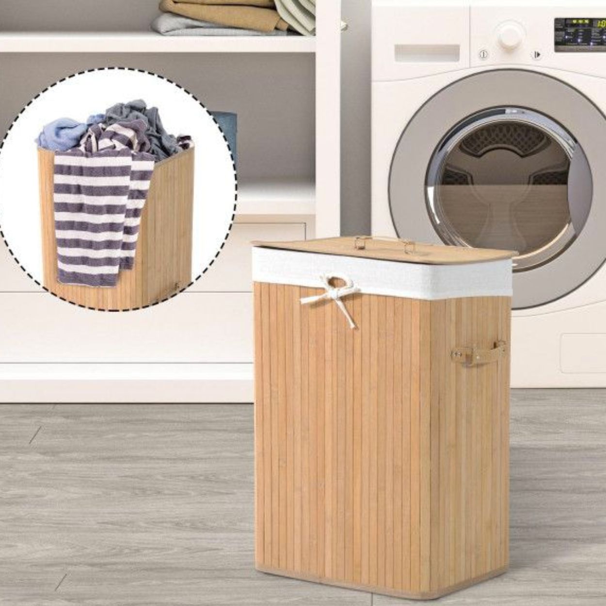 Cesto de Roupa Suja 72lts Lavanderia em Bambu Retangular Forrado com Alça Brinquedo Quarto Banheiro Dobrável - Image 4