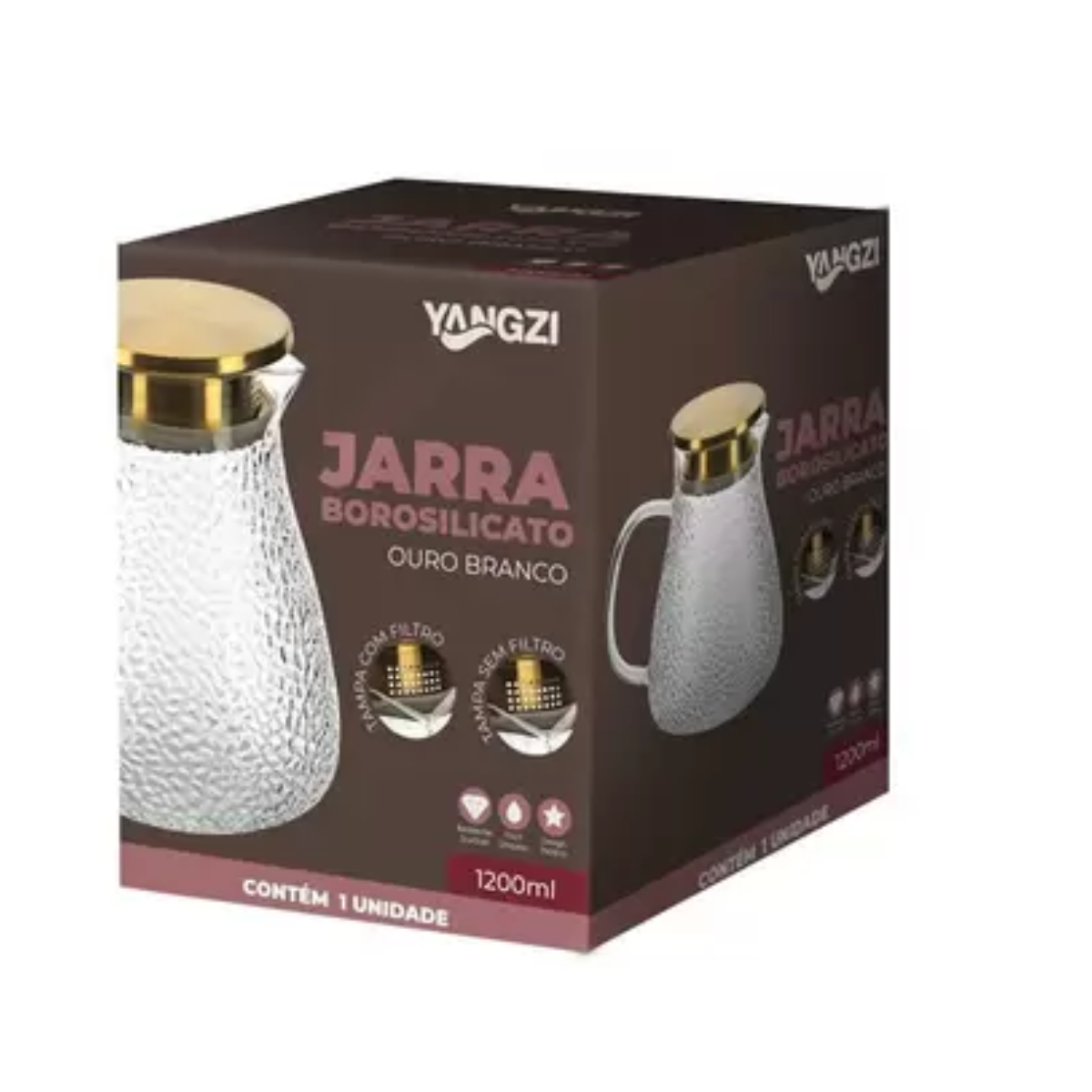 Jarra de Vidro Borossilicato Ouro Branco com Tampa Inox 1,200ml Yangzi - Image 9