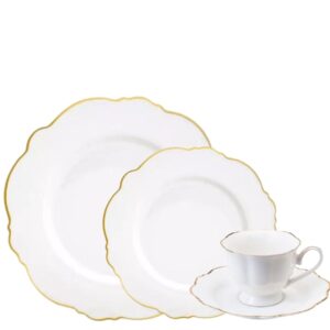 Jogo Prato Raso, Sobremesa e Xícara Chá Maldivas Filetado a Ouro 24pç Porcelana Wolff