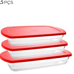 Assadeira de Vidro Forma Torta Forno 3un com Tampa Plástica