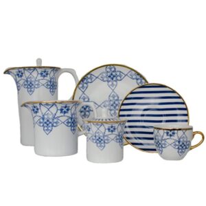 Xícara para Chá, Bule,Leiteira e Prato Sobremesa Lusitana 21pç Porcelana Oxford