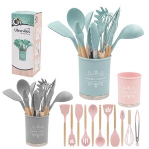 Jogo de Utensilios de Cozinha em Silicone Cabo Madeira 12pç