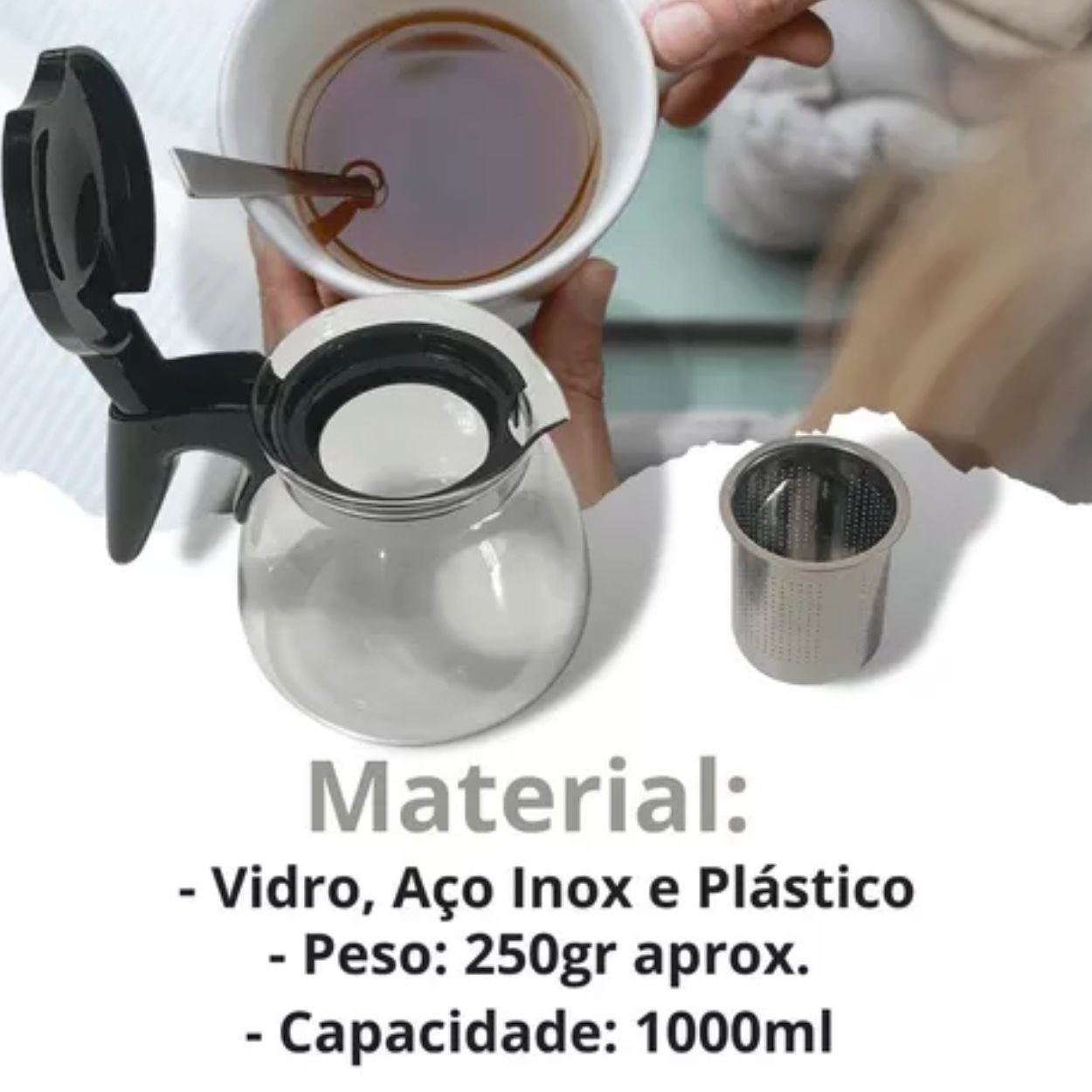 Chaleira de Vidro com Infusor Chá Café Bule 1litro Aço Inox - Image 4