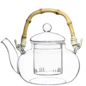 Chaleira de Vidro com Infusor Chá Café Bule 600ml Cabo Bamboo