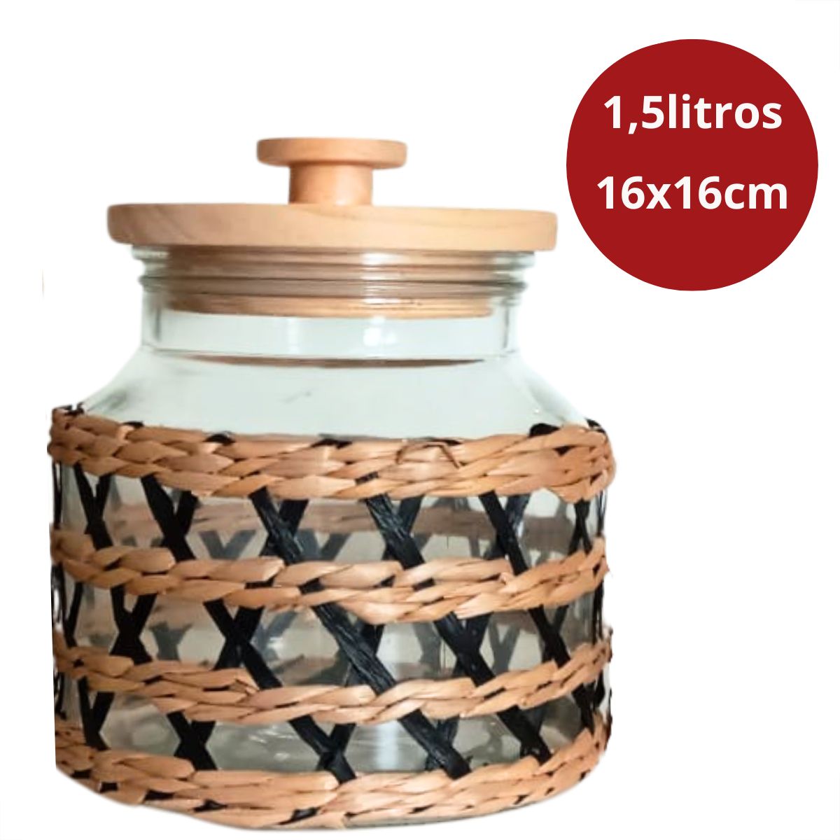 Pote Mantimento Vidro Grande com Vime 1,5Litros Tampa Hermetica Madeira - Image 2