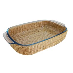 Assadeira e Travessa Vidro 38x26x7cm e 3,8lt Alça e Suporte Rattan