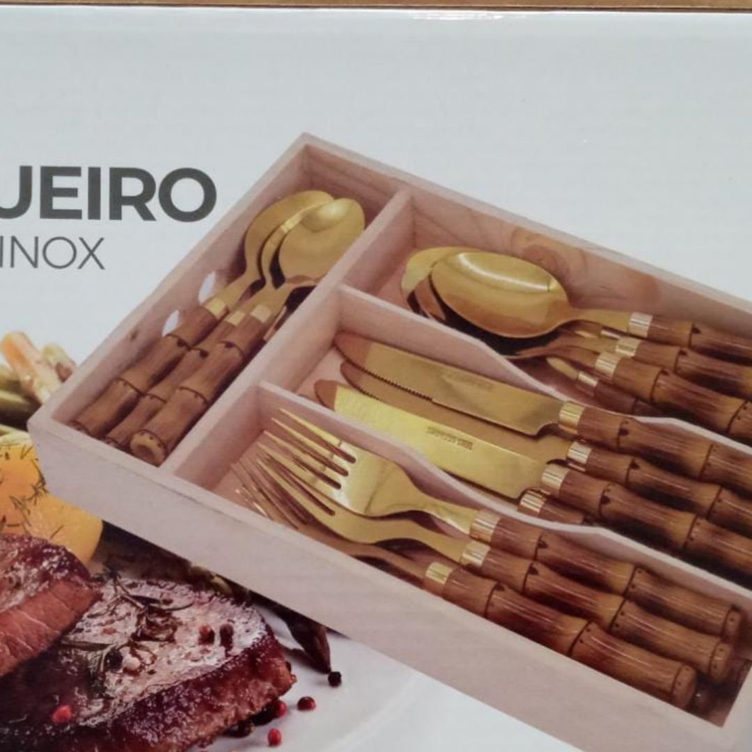 Faqueiro Bambu Dourado Inox Cabo Plástico 24pç Bon Gourmet - Image 5