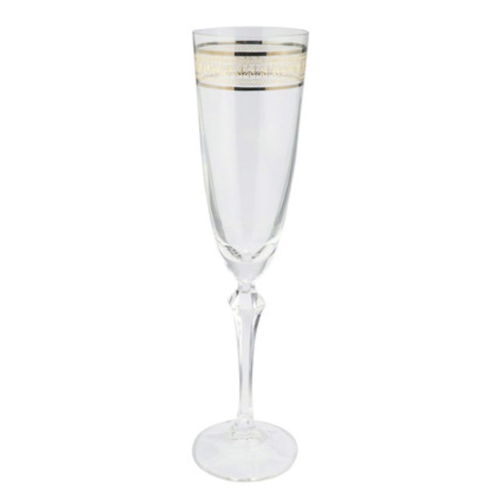 Jogo Taças Cristal Friso Dourado e Decorada para Champanhe 220ml 6un Bohemia