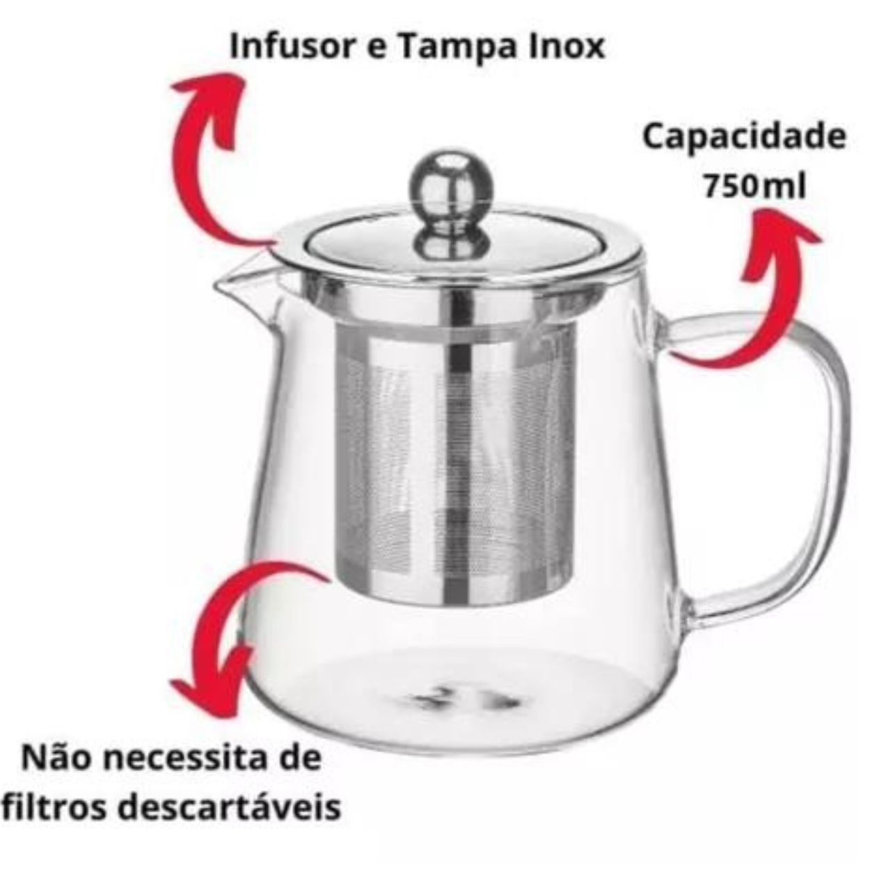 Chaleira Bule Vidro Com Infusor Vai Direto Ao Fogo 750ml - Image 3