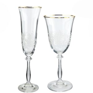 Jogo de Taças Cristal Champanhe e Água Decorada Borda Ouro Angela 12un Bohemia