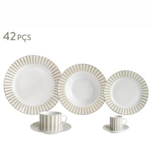 Aparelho de Jantar e Chá 42pçs Charming Bege Porcelana Borda Ouro L`Hermitage