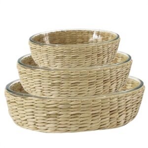 Assadeira e Travessa Refratárias Vidro 3un 4lt.,3lt.,1,6litro com Suporte de Rattan