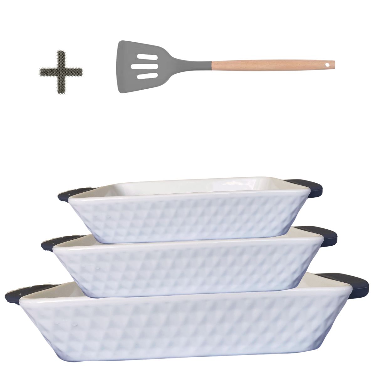 Assadeiras e Travessas Retangulares Branca com Alça Silicone 3pçs Lepontine
