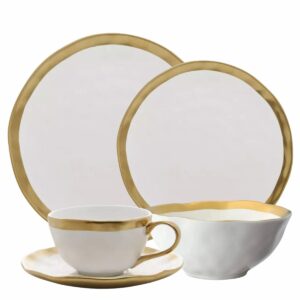 Aparelho de Jantar e Chá 24pç Porcelana Branca e Dourada Dubai Wolff