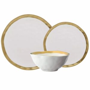 Prato Raso, Sobremesa e Bowl Porcelana Branca e Dourado Dubai 18pç Wolff