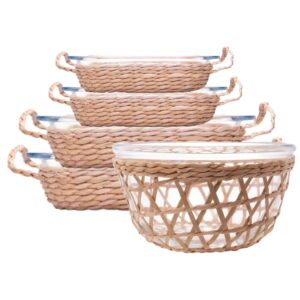 Travessa e Assadeira Refratárias 5un Vidro com Suporte de Rattan Wolff