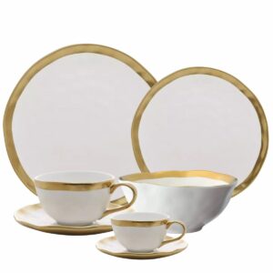 Aparelho de Jantar e Chá 30pçs Porcelana Branca e Dourada Dubai Wolff