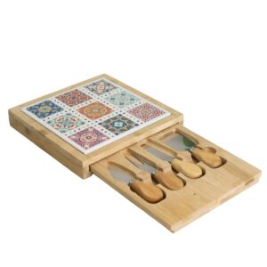 Tabua Queijo Bandeja Bambu Ladrilho Gaveta 6pç 23x23x4cm Wolff