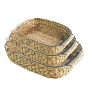 Travessa e Assadeira Refratárias Vidro 3un com Suporte de Rattan