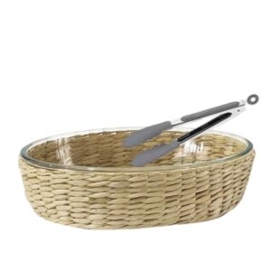 Travessa Assadeira Refratária Oval 4litros 40x28x7cm com Suporte de Rattan
