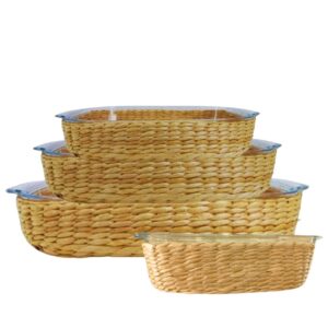 Travessa e Assadeira Refratárias 4un Vidro com Suporte de Rattan