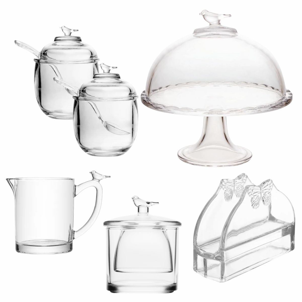 Kit Cafe Manhã Cristal Bird Porta Bolo, Açucareiro, Manteiga 6pç Wolff