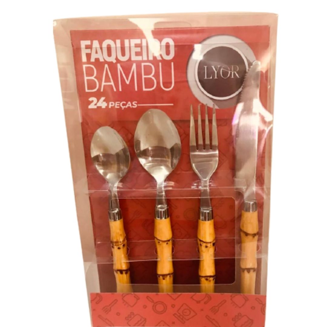 Loja Casa Canto - Faqueiro 24 peças - Faqueiro Bambu Natural Inox Luxo 24peças Lyor