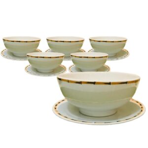 Loja Casa Canto - Sopeira e Bowls - Jogo Bowls Branco Porcelana comPratos Borda Bambu 12pç Lyor